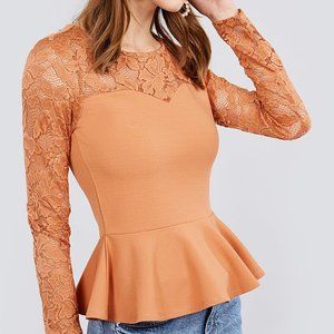 Long sleeve round neck lace detail peplum knit top